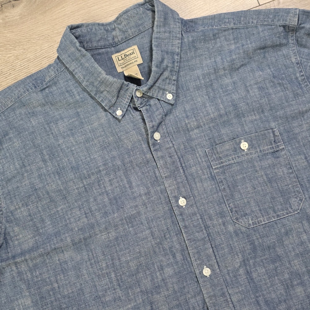 L.L. Bean Traditional Fit Short Sleeve Button‎ Down Blue Denim Shirt Men's XXL